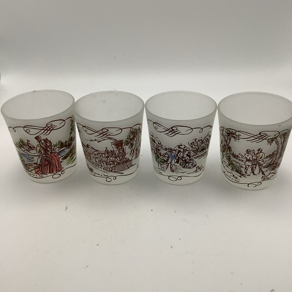 Four Currier & Ives Frosted Painted Glasses - Picture 1 of 7